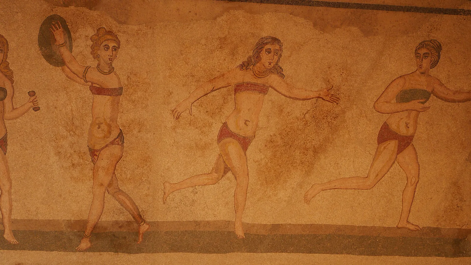 Detail of the Villa Romana del Casale mosaic: a Roman athlete in a two-piece outfit about to throw a discus