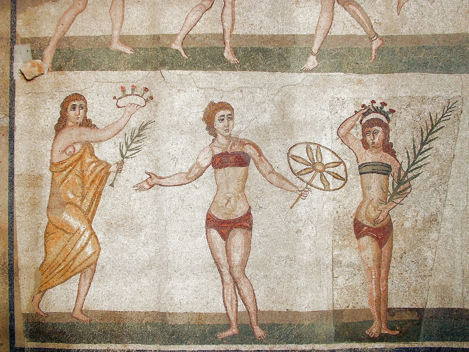 The Roman “bikini girls” mosaic at Villa Romana del Casale in Sicily: young women in two-piece outfits exercising, 4th century AD