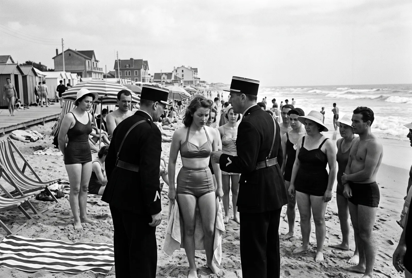 Black-and-white scene of gendarmes speaking to a woman in a bikini on a 1950s French beach