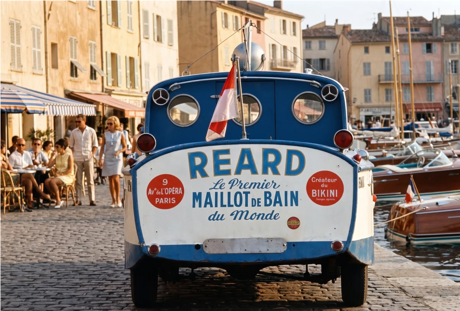 Boat-shaped vintage publicity car of bikini creator Louis Réard parked on the Saint-Tropez quayside