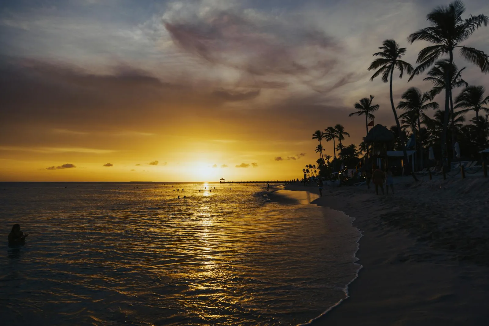 Serene tropical beach at sunset, with palm trees silhouetted against a golden sky, reflecting on calm waves.